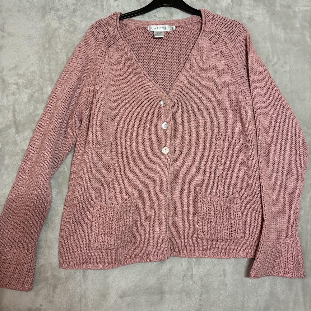 Vintage Tweeds Knit Cardigan Sweater Dusty Rose Pink 100% Silk Size XL